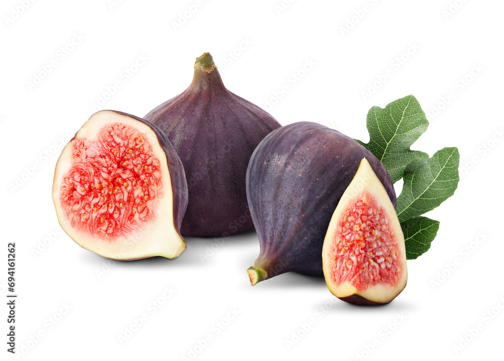 Fresh ripe figs and green leaf isolated on white Fresh ripe figs and green leaf isolated on white