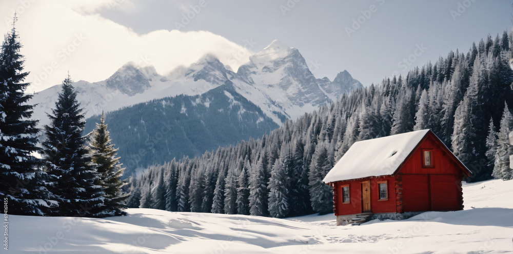 Small Red Mountain Cabin in Snow