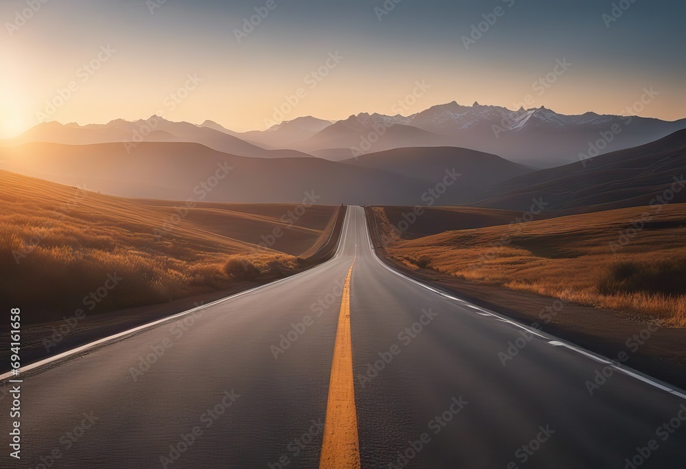 Asphalt road and mountains with foggy landscape at sunset stock photoRoad, Highway, Backgrounds, Horizon, Thoroughfare
