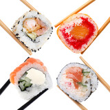 Different sushi isolated on white. Chopsticks with asian food, set