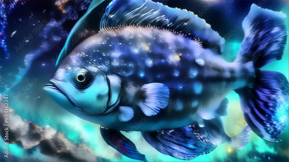 a blue fish swimming in a fantastical starry sky scattered with stars. It blurs the boundary between space and sea, conveying a connection between nature and the cosmos. a blue fish swimming in a fantastical starry sky scattered with stars. It blurs the boundary between space and sea, conveying a connection between nature and the cosmos.