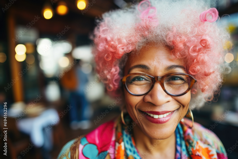 Close-up portrait of smiling senior woman with grey curly hair looking at camera. Close-up portrait of smiling senior woman with grey curly hair looking at camera.