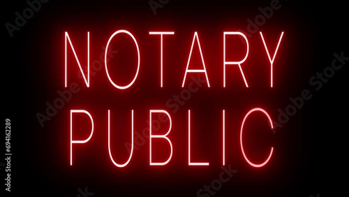 Flickering red retro style neon sign glowing against a black background for NOTARY PUBLIC