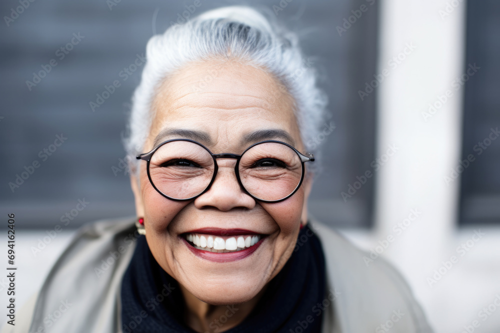 Outdoors portrait of cheerful senior woman in glasses looking at camera. Outdoors portrait of cheerful senior woman in glasses looking at camera.
