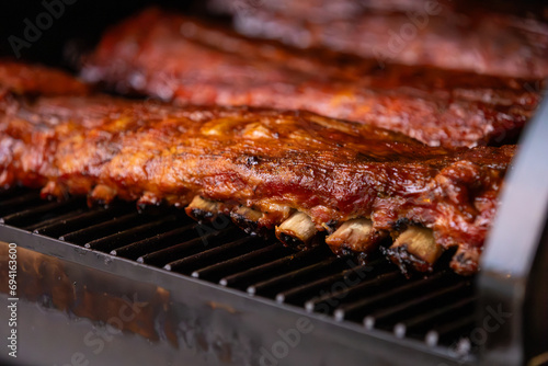 Smoked baby back pork ribs cooked on a pellet grill