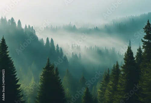 Vector landscape with green silhouettes of coniferous trees in the mist stock illustrationForest, Backgrounds, Tree, Woodland, Pine Tree © mohamedwafi