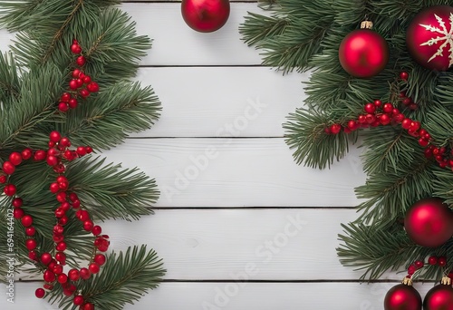 Fir Branches And Decoration On White Plank - Christmas Border stock photoChristmas, Backgrounds, Tree, Banner Sign, photo