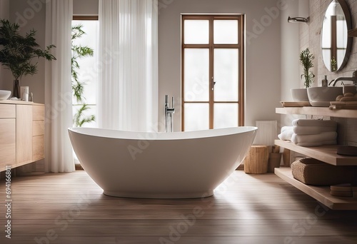 Background of blurred bathroom interior with wooden table in front stock photoBathroom, Backgrounds, Bathtub, White Color, Defocused
