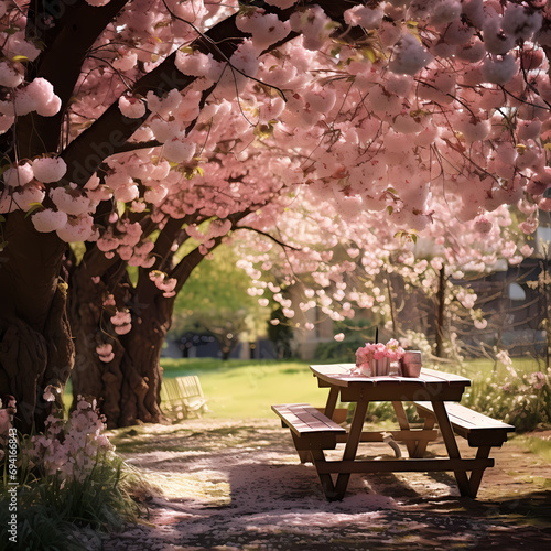 A serene picnic area under the blossoms of a cherry tree.
