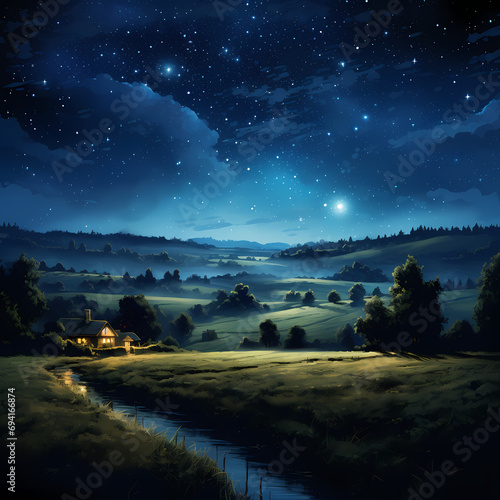 A starry night sky over a tranquil countryside. © Cao