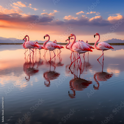 A group of flamingos wading gracefully in a shallow lagoon.