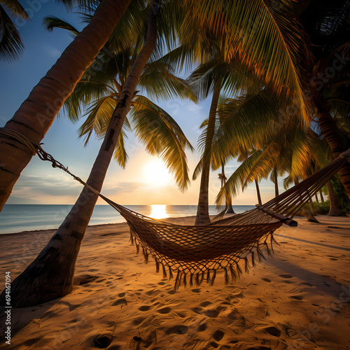A hammock swaying between two palm trees on a deserted beach. © Cao