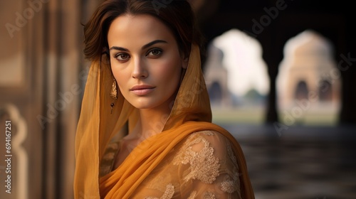 Woman in sari at Taj Mahal, beautiful Indian woman