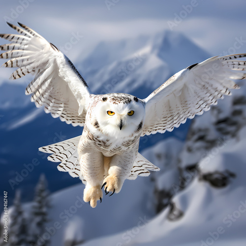 A majestic snowy owl in flight against a snowy backdrop.