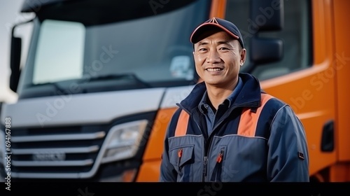 Asian truck driver in safety clothes smile 