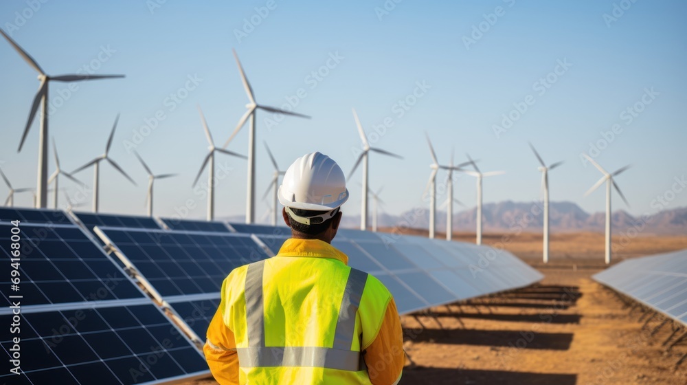  Young man working Solar panels with wind turbines, 