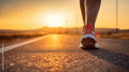 Close up rear view of runner sport shoes on road 