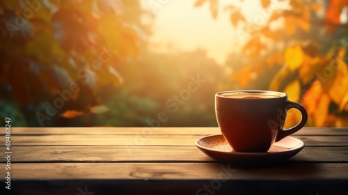 coffee on wood table at sunrise 