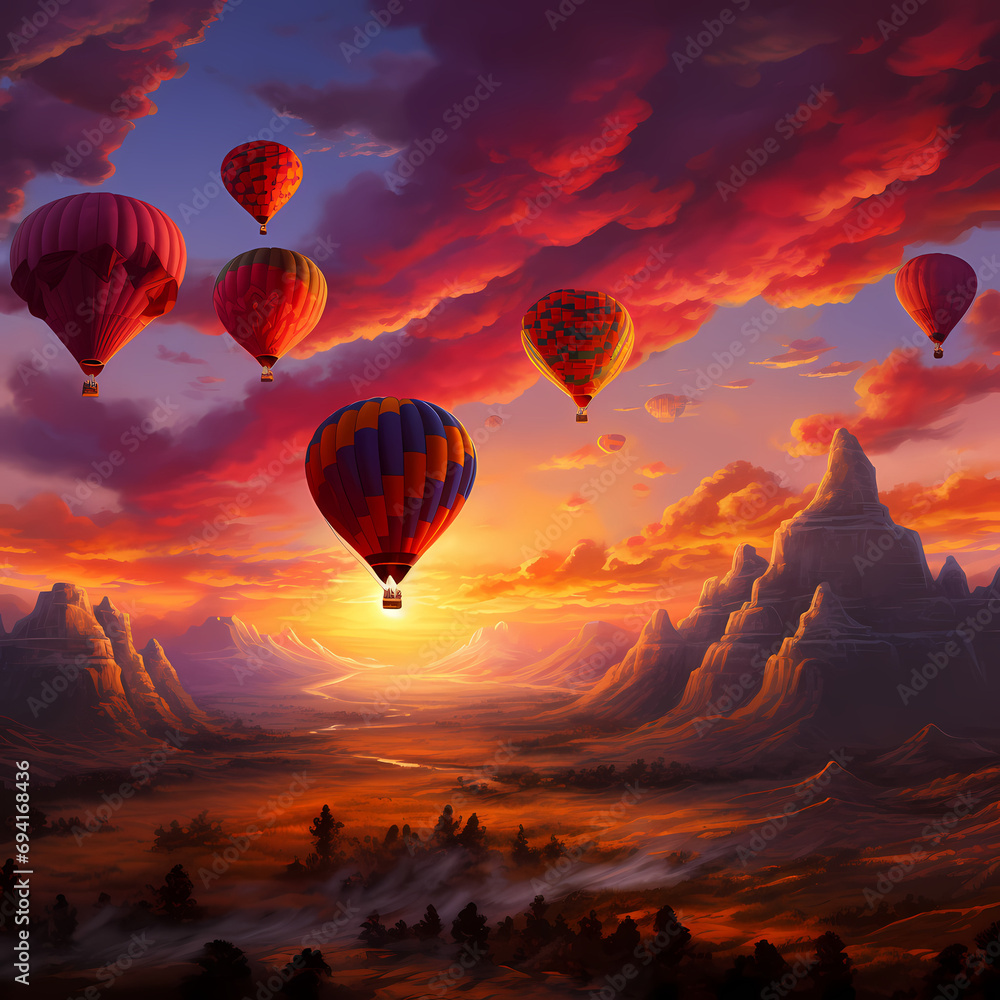 Cluster of hot air balloons drifting against a fiery sunset sky