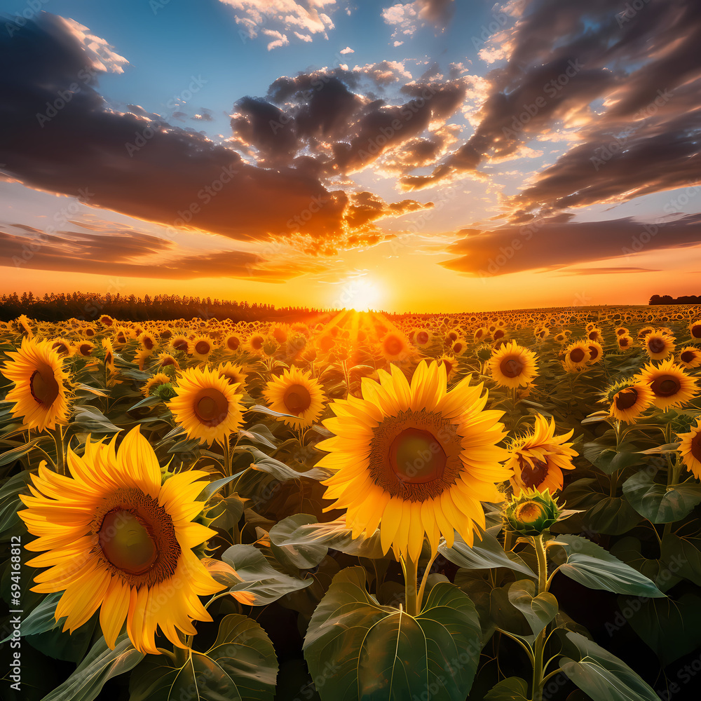 Field of sunflowers glowing in the warm light of the setting sun.