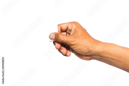 Male hand holding a credit card or business card isolated on white background, clipping path