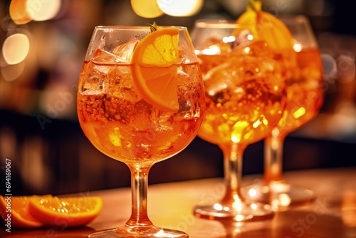 Aperol Spritz with Ice and Orange Slices on Bar in Warm Light