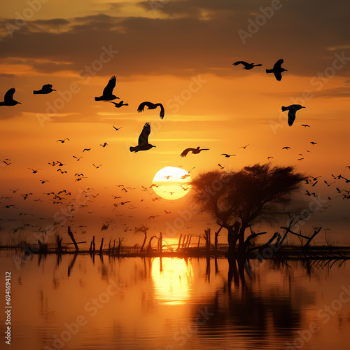 Migratory birds in silhouette against the backdrop of a sunrise. © Cao
