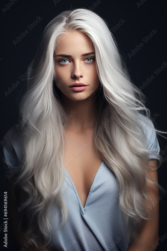 Fototapeta premium Portrait of a beautiful woman with long white hair and blue eyes