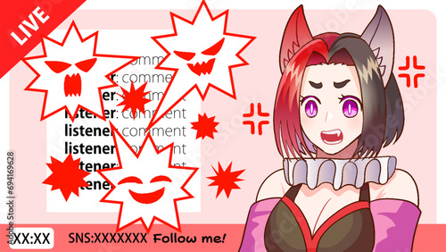 VTuberがライブ配信で話してコメントが荒れて喧嘩しているイラスト