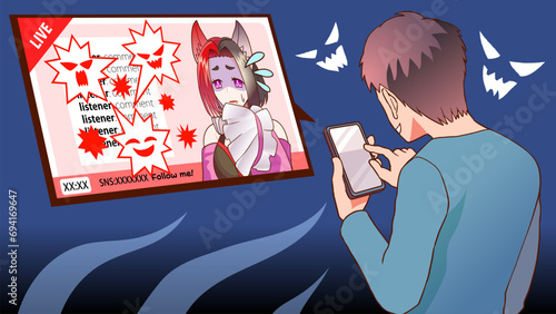 VTuberがライブ配信で話しリスナーがコメントを荒らしているイラスト