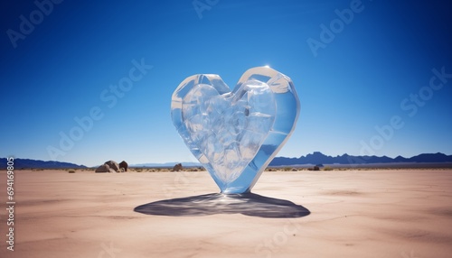 Ice heart sculpture stand and melt in the middle of desert. Conceptual for valentine's day.