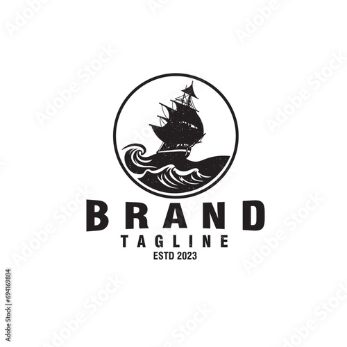 sailing ship on the waves vintage logo design vector template