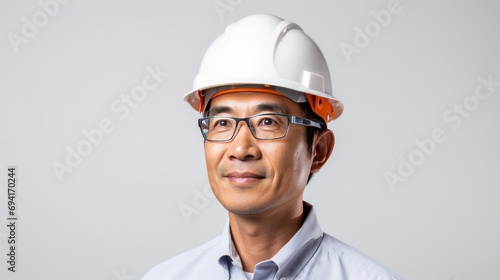 handsome Asian engineer, wearing safety helmet on white background,  © CStock