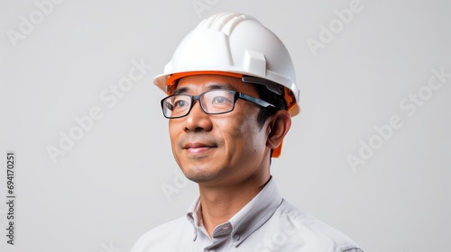 Portrait of Man wearing safety helmet on white background, 