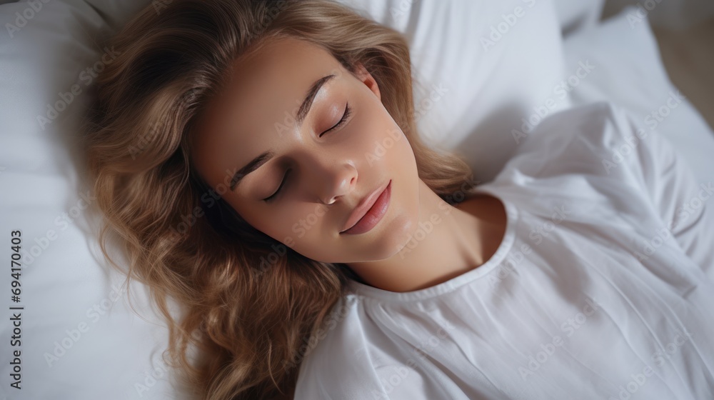 attractive young woman sleeping well in bed hugging soft white pillow. attractive young woman sleeping well in bed hugging soft white pillow.