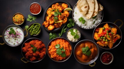 Top-down view Group of South Indian food like Masala Dosa, Uttapam, 