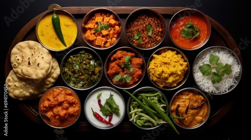 Herbs and spices on black rough board, Indian food, 