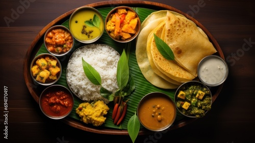 Top-down view Group of South Indian food like Masala Dosa, Uttapam, 