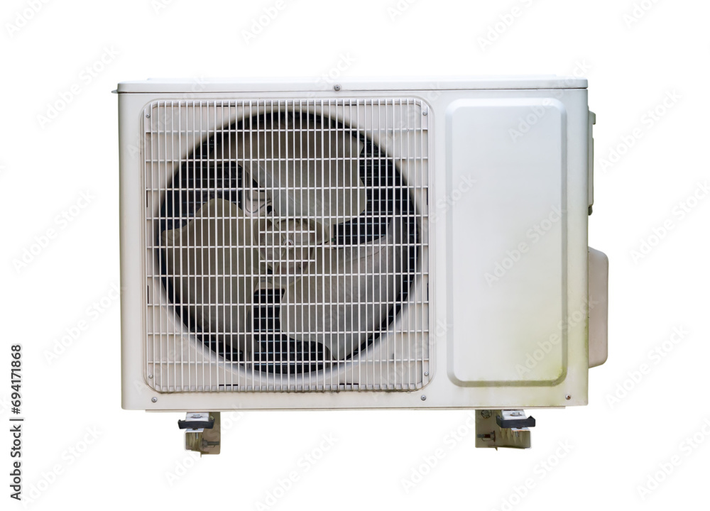 Fototapeta premium Air conditioner compressor outdoor unit isolated on white background with clipping path. Condensing unit front view