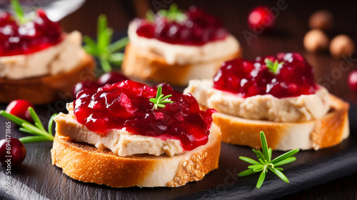 Festive appetizer with foie gras, cranberry chutney and jelly. Generative AI photo