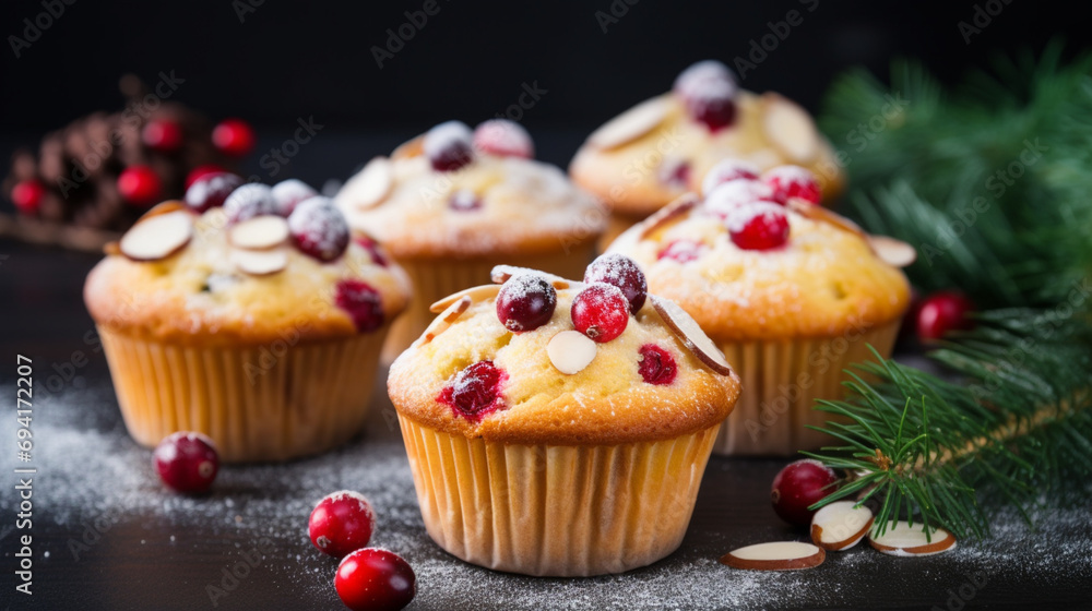 Muffins, cakes with cranberry, rosemary and almond nuts. Christmas decoration. Generative AI