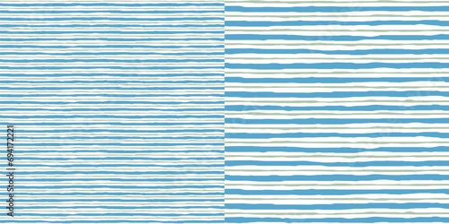 A set of two hand drawn, blue and olive green horizontal stripes seamless pattern