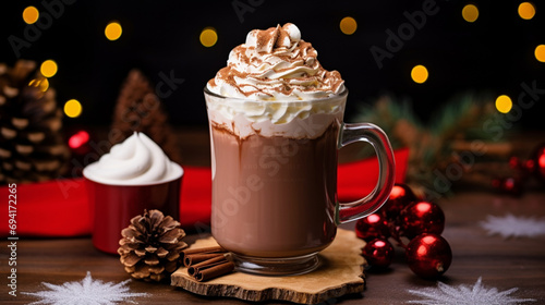 Hot chocolate with whipped cream in glass cups. Dark background garland lights bokeh. Generative AI