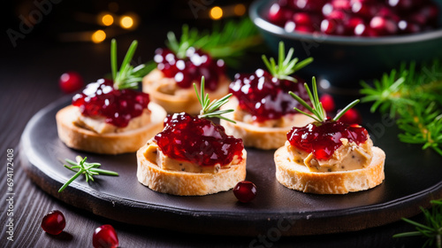 Festive appetizer with foie gras, cranberry chutney and jelly. Generative AI