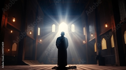Silhouette of muslim man having worship and praying for fasting and Eid of Islam. Generative AI
