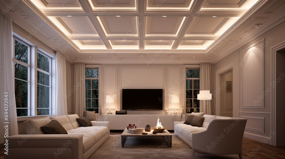 Contemporary coffered ceiling with recessed LED lighting, providing a subtle and elegant illumination to the room. Contemporary coffered ceiling with recessed LED lighting, providing a subtle and elegant illumination to the room.