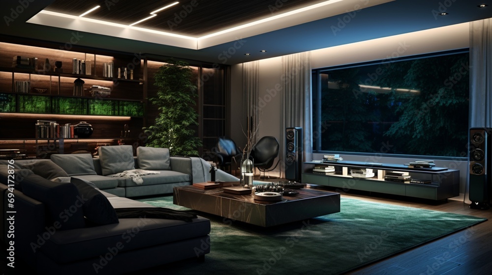 Contemporary entertainment room with a tiered tray ceiling and color-changing LED lights, setting the mood for a cinematic experience. Contemporary entertainment room with a tiered tray ceiling and color-changing LED lights, setting the mood for a cinematic experience.