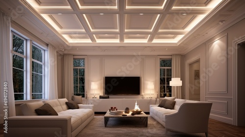 Contemporary coffered ceiling with recessed LED lighting  providing a subtle and elegant illumination to the room.