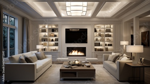 Contemporary coffered ceiling with recessed LED lighting, providing a subtle and elegant illumination to the room. photo
