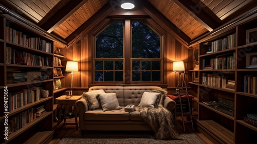 Cozy home library with a shed ceiling design, featuring built-in bookshelves and soft ambient lighting for a perfect reading retreat.